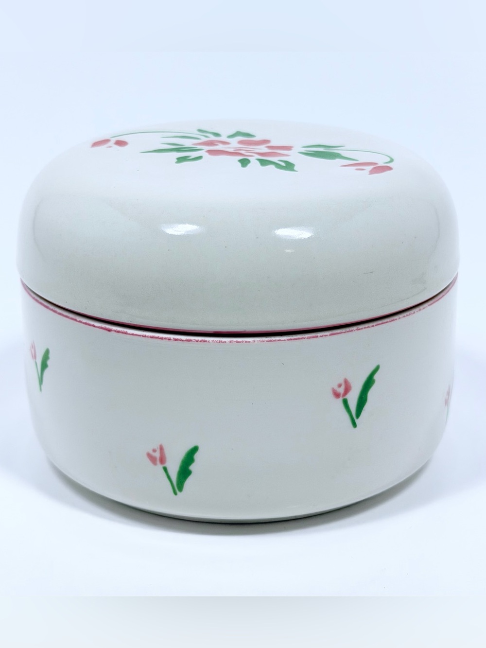 Vintage 1985 Hallmark Ceramic Trinket Box Pink Tulip Floral Lidded Dish
